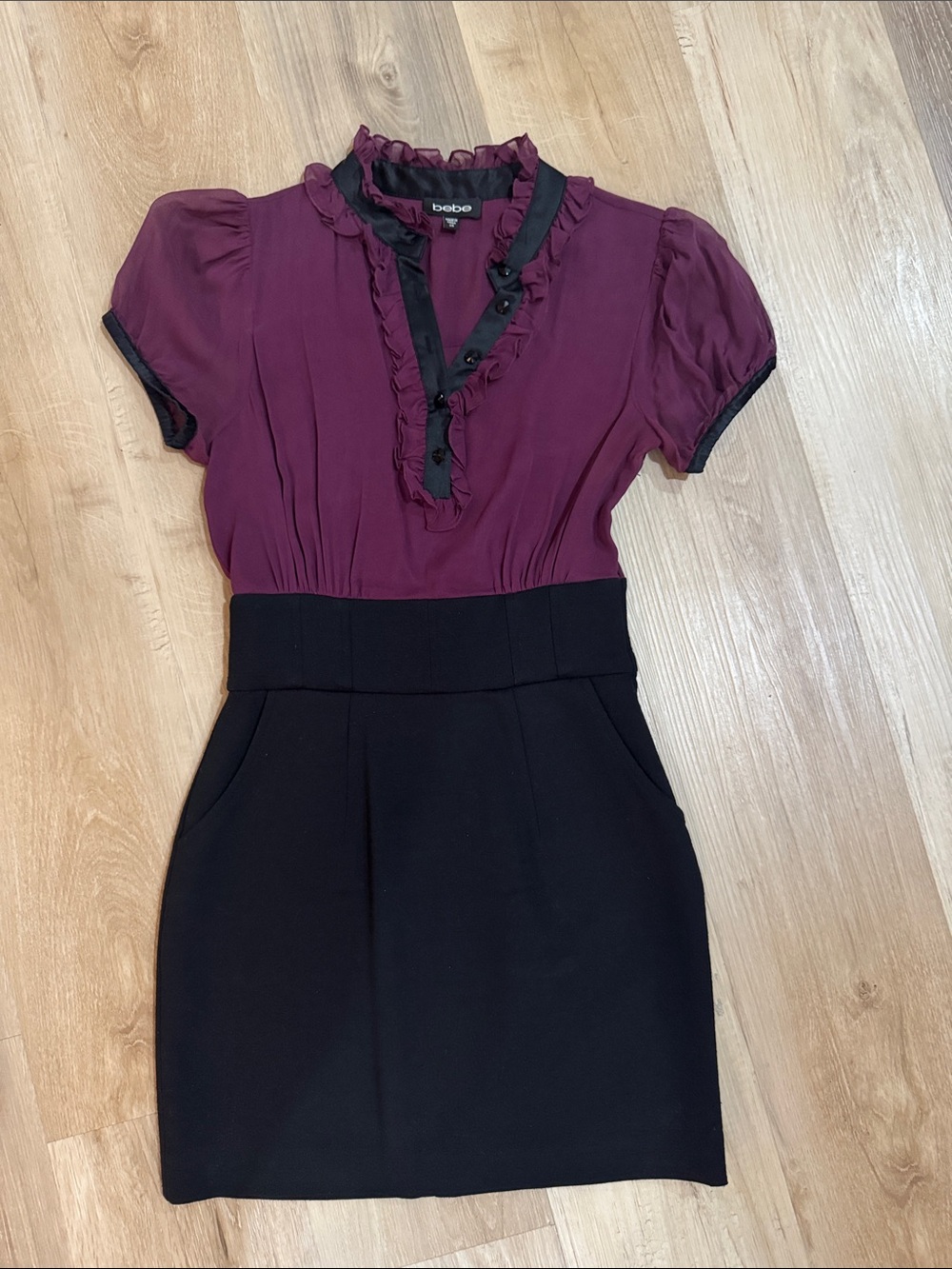 bebe Twofer Purple and Black Two-Tone Ruffle Dress